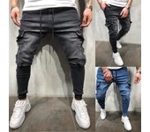 Pantalones cargo con múltiples bolsillos y cordón para hombre, pantalones vaqueros de mezclilla de color sólido con agujeros retro y cremallera para hombre, pantalones pitillo casuales ajustados para correr para hombre S negro