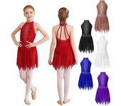 Vestido de leotardo de patinaje con cuello Halter y diamantes de imitación sin mangas para niñas, disfraz de danza lírica moderna 5-6 Years borgoña