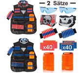 2 juegos de chalecos tácticos para niños, kit de chaleco de batalla para pistolas Nerf N-Strike Elite con 2 muñequeras, 2 cargadores con clip, 2 gafas de seguridad, 2 máscaras de calavera y 80 flechas 55.8*45cm