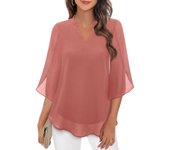 Camisa de gasa holgada con cuello en V y mangas de pétalos para mujer, informal, de verano XXL ladrillo rojo