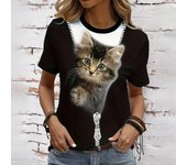 Camiseta con cuello redondo y estampado de gato lindo, camiseta informal de manga corta para primavera y verano, ropa de mujer, tendencia de moda, tops tipo pulóver S