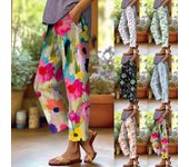 Pantalones de lino de algodón para mujer, pantalones Palazzo de cintura alta con cordón holgado informal de pierna ancha con estampado de verano, pantalones con bolsillos L negro