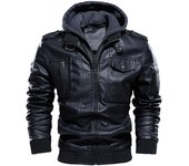 Chaqueta de cuero informal para hombre, abrigo de bombardero de motocicleta de cuero sintético a prueba de viento cálido, chaquetas de piloto con capucha de cuero de PU a la moda, talla europea S