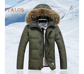 Chaqueta de plumón para hombre, con cuello de piel, capucha, cordón ajustable, manga larga, color sólido, abrigo de invierno, tapeta con cremallera, bolsillos, abrigo acolchado grueso M negro