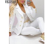 VEZFAA Moda mujer Casual Primavera Otoño Color sólido estampado manga larga POLO cuello pantalones pantalones trajes S blanco