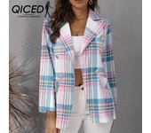 QICED Chaquetas y abrigos con cuello tipo POLO de manga larga para otoño e invierno con estampado de rayas informales vintage para mujer S blanco