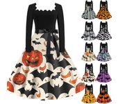 Vestido acampanado con estampado de Halloween para mujer, vestido de manga larga, vestidos casuales de fiesta calados XL