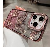 Funda de teléfono con marco chapado en mariposa y purpurina de lujo para iPhone 16 Pro Max, para iPhone 11, 12, 13, 14, 15 Plus, 16 Pro, cubierta de diamantes de imitación iPhone 11 color rosa