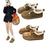 Botas de nieve de felpa de moda para mujer, zapatos planos cálidos y gruesos con punta redonda para invierno, botas de algodón informales con cordones y suela gruesa antideslizantes 35 marrón claro
