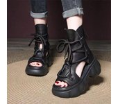 Botas frescas huecas de suela gruesa para mujer verano 2024 nuevas botas cortas ligeras de lujo con cordones retro muffin sandalias de boca de pez de caña alta 34