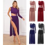Traje de baile lírico moderno para mujer, vestidos de baile latino de malla transparente con retazos recortados, Ropa de baile de salón S púrpura