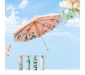 Paraguas plegable femenino con mango de madera de cinco pliegues, ideal para días soleados y lluviosos, con protección solar y pegamento de color anti-ultravioleta.