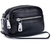Cartera de piel auténtica para mujer con gran capacidad de almacenamiento y correa para la muñeca color rosa