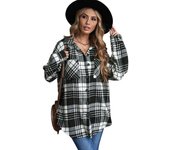 Otoño e Invierno camisa a cuadros para mujer chaqueta solapa camisa de un solo pecho chaqueta holgadas de Tweed de cuadros S negro