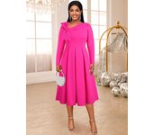AOMEI Vestidos midi fucsias para mujer, escote oblicuo, manga larga, preciosos vestidos de cóctel con lazo para boda S rosa brillante