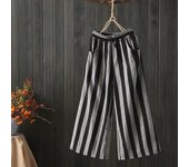 Pantalones anchos a rayas de lino y algodón literario retro, pantalones casuales nuevos de primavera para mujer, pantalones de mujer, leggings, pantalones L