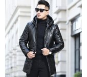 Nuevas de cuero de invierno para hombre, abrigo informal cortavientos de cuero con capucha para jóvenes de corte coreano de longitud media M