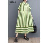 XITAO vestido a rayas moda mujer diosa ventilador vestido suelto Casual WLD11315 One Size verde