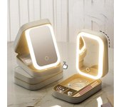 Estuche de cosméticos multifunción con espejo de luz LED, organizador de joyas y maquillaje, estuche de viaje de cuero resistente al agua. verde