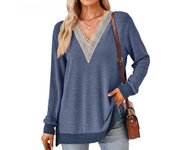 Otoño e Invierno Blusa de Mujer con Cuello en V Encaje Color Sólido Suelto Manga Larga Tops S negro