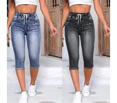 Pantalones Cortos Vaqueros de Mezclilla para Mujer con Cordón de Ajuste, Cintura Alta, Elásticos, Hasta la Rodilla, Rotos, con Agujeros XXL azul