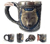 Snug Home Taza de agua de leche de jugo de cerveza de resina de acero inoxidable con cabeza de lobo, taza de café para el hogar y la Oficina
