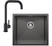 Fregadero de cocina bajo encimera de acero inoxidable negro antracita de 50 x 44 cm + grifo mezclador
