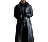 Chaqueta de cuero larga y delgada de estilo gabardina de color sólido con temperamento divino para hombre, abrigo de juego dominante de talla grande XXXXXL negro
