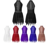 Vestido de leotardo de patinaje con cuello Halter y diamantes de imitación sin mangas para niñas, disfraz de danza lírica moderna 7-8 Years blanco