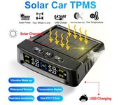 Monitor de neumáticos inalámbrico TPMS universal con puerto USB y energía solar: sistema IPX7 resistente al agua para todo tipo de climas con pantalla LCD 4-External Sensor negro