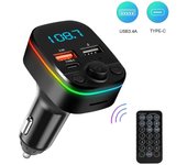 Transmisor FM para automóvil, reproductor de MP3 inalámbrico Bluetooth 5.0, tipo C, 3,4 A, puerto dual USB, cargador rápido con control remoto, luz ambiental, receptor de audio manos libres with Remote Control