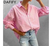 DAFIFY Blusas y camisas con cuello POLO de manga larga con estampado de rayas informales de verano y primavera para mujer M