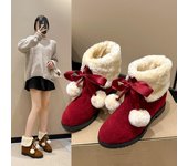 Botas de nieve de gamuza sintética de invierno para mujer con pajarita Botas de tobillo con forro de piel sintética sin cordones para exteriores Botines forrados de felpa gruesa informal con pompón para mujer 35 negro