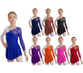Vestido de patinaje de manga larga para niñas, con decoración de diamantes de imitación y patchwork, vestido de baile de colores contrastantes 5-6 Years borgoña