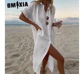GMXIA Moda Mujer Verano Primavera Color Sólido Estampado Manga Larga Cuello POLO Cintura Alta Vestidos Casuales S blanco