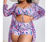 Conjunto de 3 unids/set de Bikini Sexy para mujer, sujetador con tirantes estampado, bañadores de cintura alta, cárdigan con protección solar, traje de baño de secado rápido, ropa de playa 3XL púrpura