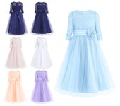 Vestido de flores para niñas, encaje, media manga, primera comunión, boda, dama de honor, princesa, desfile, fiesta de cumpleaños, vestido de baile 3-4 Years azul oscuro