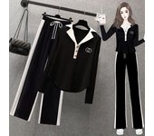 Conjunto de dos piezas formado por camisa de manga larga y cuello tipo polo, pantalón informal de retazos y pierna ancha, para mujer XXL blanco