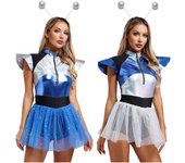 Disfraz de cadete espacial para mujer, falda de tul con lentejuelas, cremallera frontal y mangas abullonadas, pantalones cortos tipo espagueti y diadema plateada con aro para el pelo para astronauta extraterrestre S azul