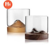 Vaso de whisky de montaña transparente de 120 ml con base de madera, resistente al calor, para cerveza, vino, agua, té, juego de bar