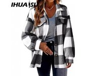 IHUASU Chaquetas y abrigos con cuello POLO de manga larga para otoño e invierno con estampado de celosía informal Vintage para mujer S gris