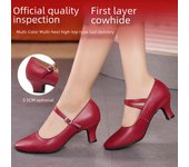 Zapatos de baile latino para mujer de piel auténtica, piel de vacuno roja, suela blanda, tacones medios/altos, estilo baile cuadrado. 38