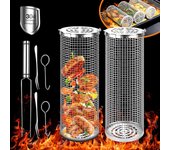 Cesta rodante para asar, cesta para parrilla de acero inoxidable 304, cestas redondas grandes para barbacoa, tubo de red para barbacoa para acampar al aire libre para verduras, pescado, verduras Type 1