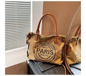 Bolso grande de lona retro con correa ajustable para el hombro y estampado de sellos vintage de París. Elegante bolso cruzado para mujer marrón/blanco