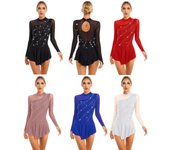 Vestido de leotardo de manga larga con retales de malla transparente y diamantes de imitación brillantes para mujer y niña, patinaje artístico, vestidos de baile S negro