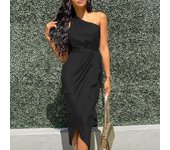 Vestido largo de satén ajustado para mujer con cinturón oblicuo irregular para el hombro S negro