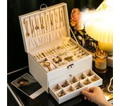 Nueva caja de almacenamiento de joyas de cuero de PU para mujer, caja organizadora portátil de doble capa, caja de gran capacidad con cerradura, estuche multifunción para regalos 1PCS color rosa