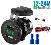 Dual USB 4.2A Coche Barco Moto Tractor Cigarrillo Encendedor Enchufe Cargador de Coche Modificado Carga Rápida con Pantalla de Voltaje Luz Verde 12-24V Universal NO 60CM Cable verde