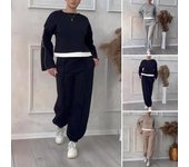Conjunto de 2 piezas de pantalón y parte superior para mujer, cuello redondo, manga larga, blusa de color contrastante, pantalones holgados con banda en el tobillo, traje deportivo informal, chándal para otoño y primavera S negro