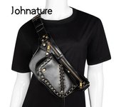 Johnature Riñonera Steampunk para mujer, pequeña, para teléfono móvil, con remaches, para motociclistas y exteriores negro